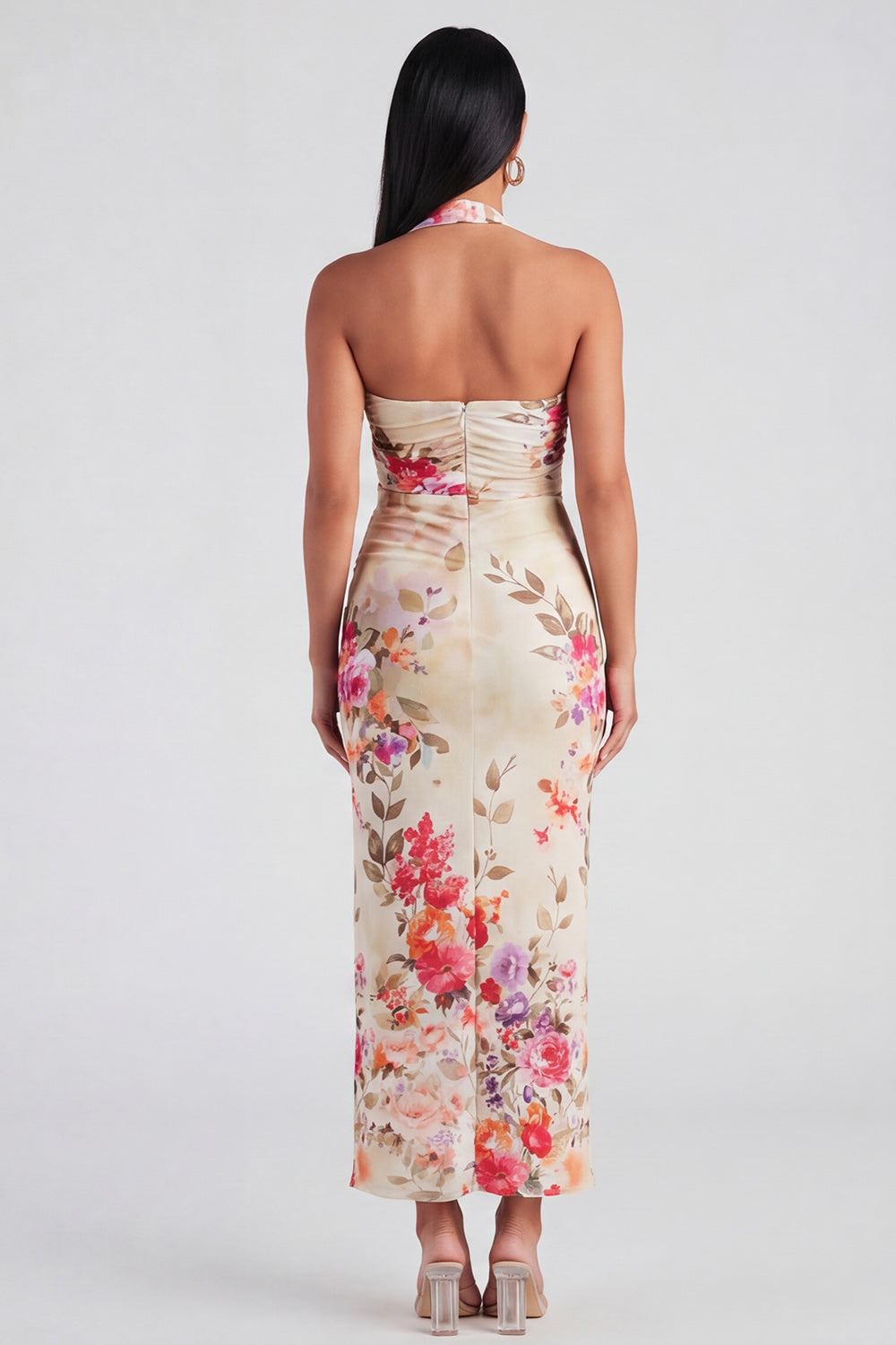 Celeste Halter Ruched Maxi Dress in Champagne Floral Champagne 2