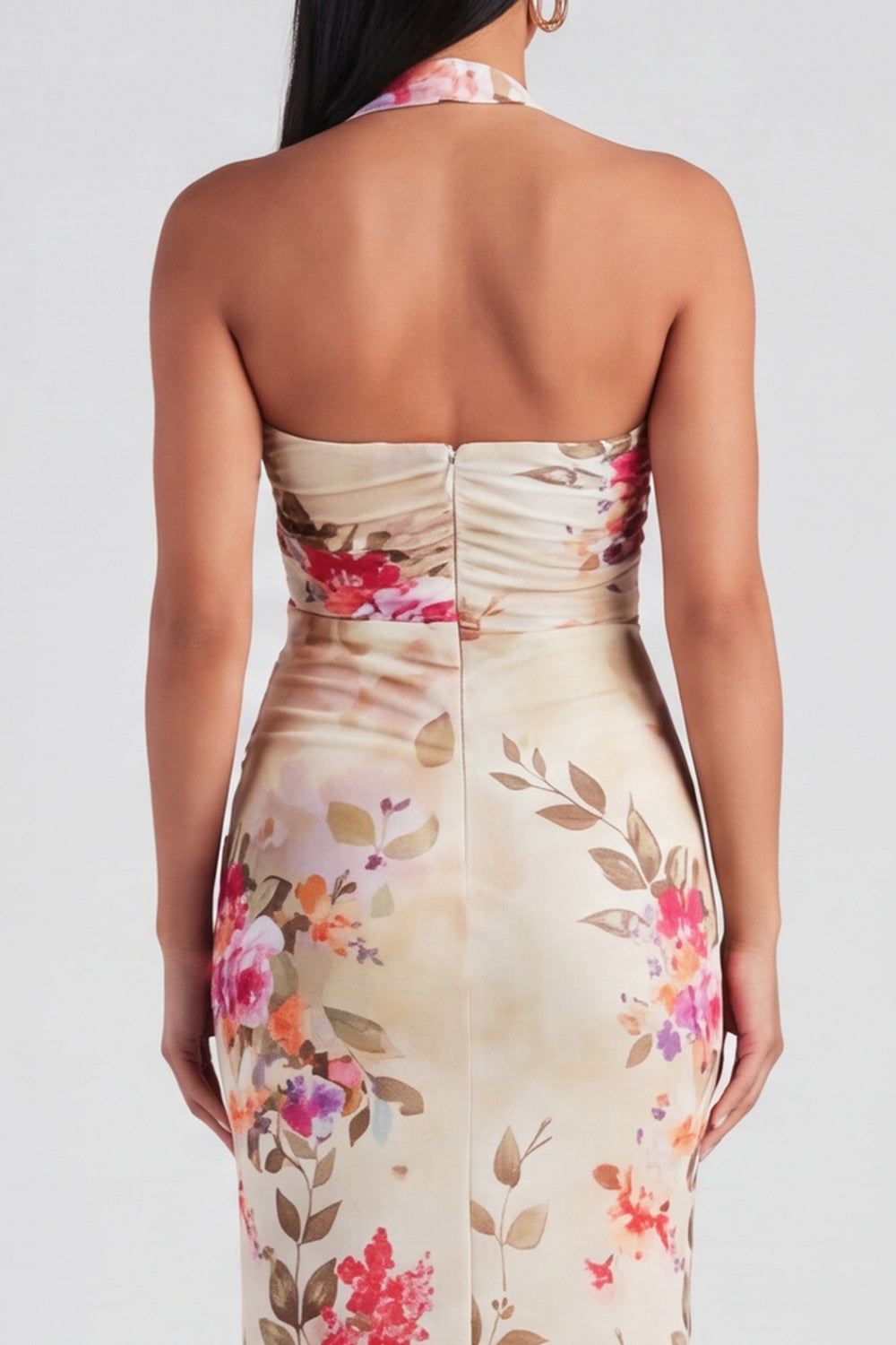 Celeste Halter Ruched Maxi Dress in Champagne Floral Champagne 4