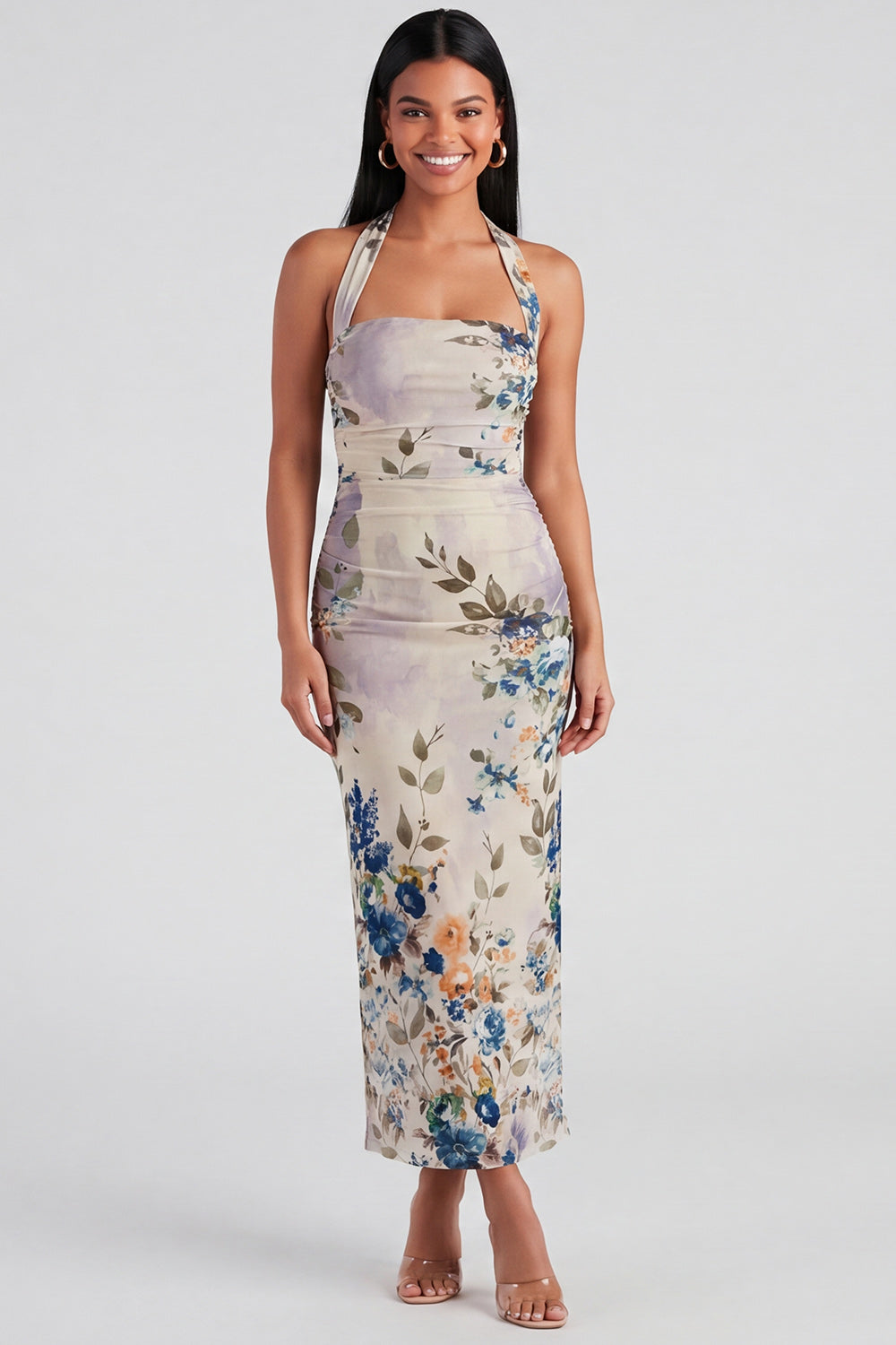 Celeste Halter Ruched Maxi Dress in Champagne Floral Champagne 10