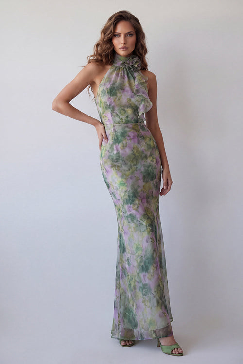 Ophelia Halter Chiffon Maxi Dress Staubiger Salbei 1