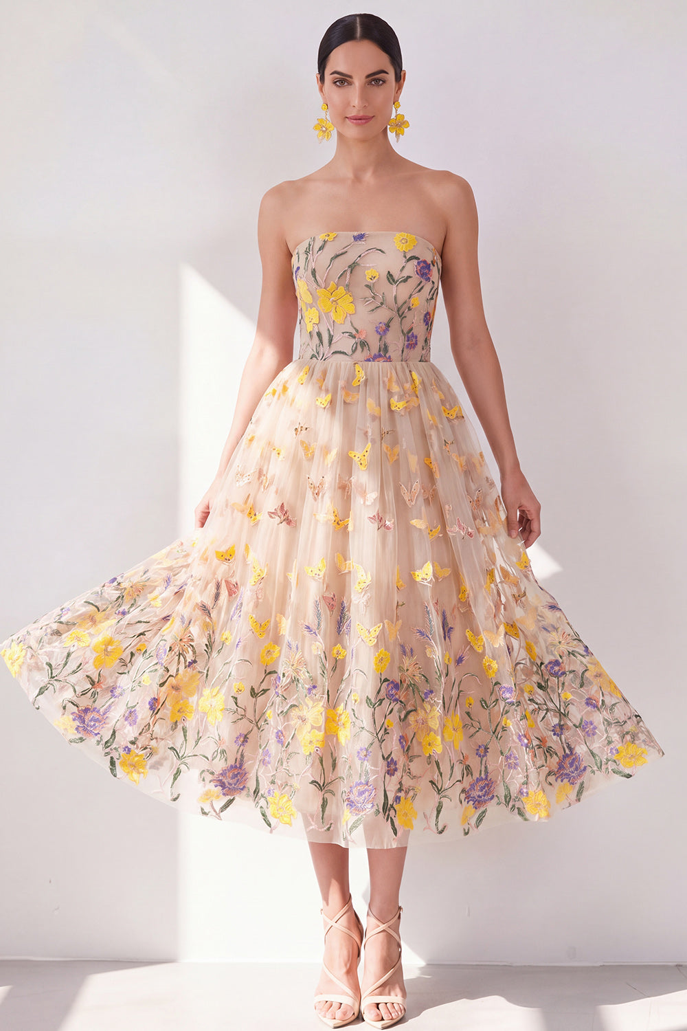 Valentina Floral Strapless Maxi Dress Apricot 1
