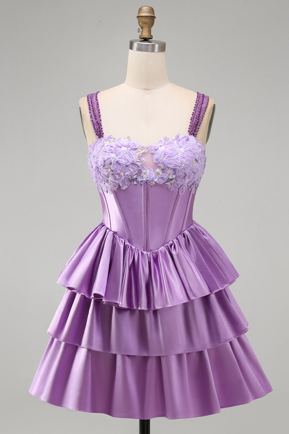 Violet A-Line Corset Dress with Tiered Lace Blue 1