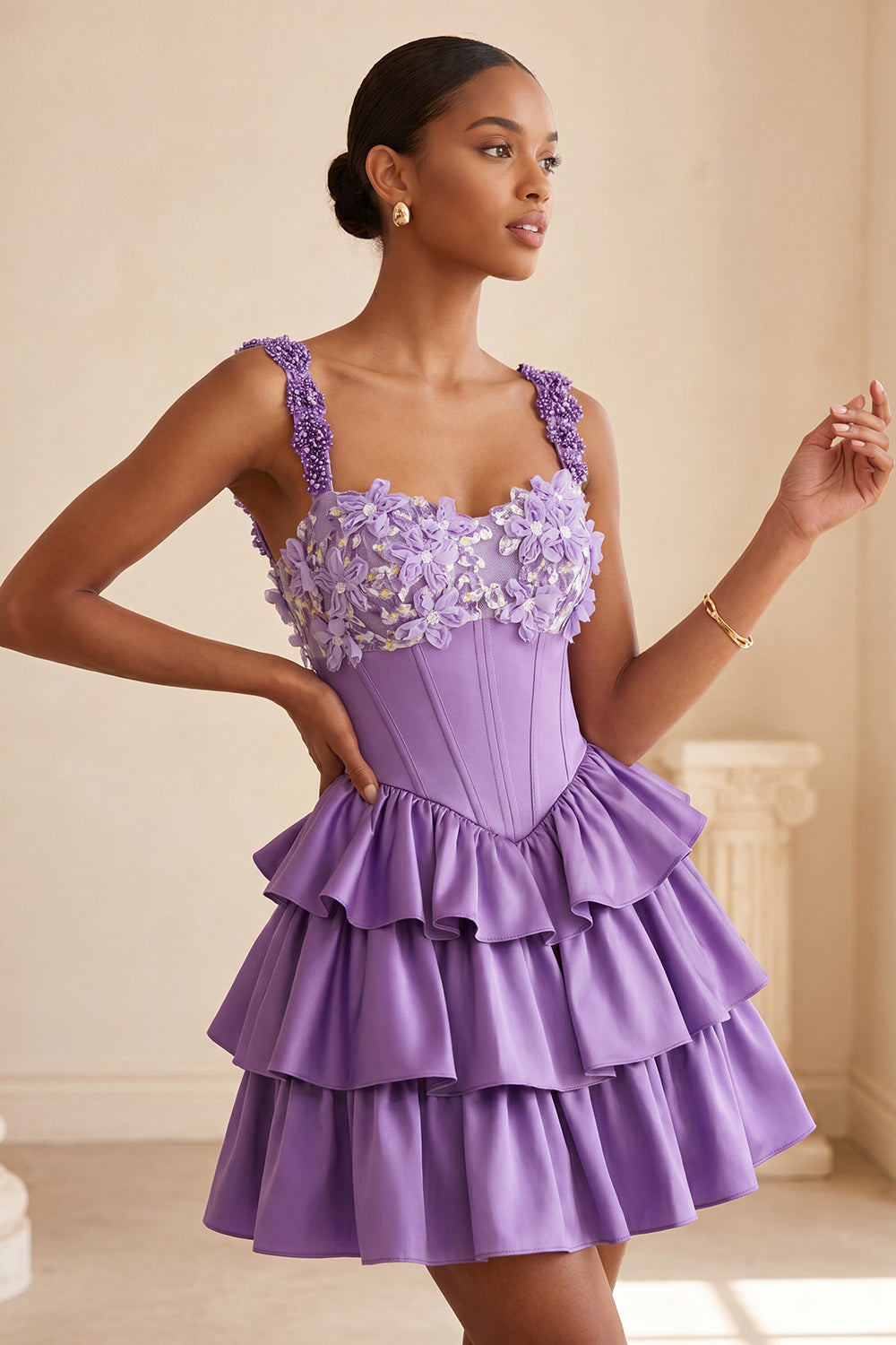 Violet A-Line Corset Dress with Tiered Lace Blue 8