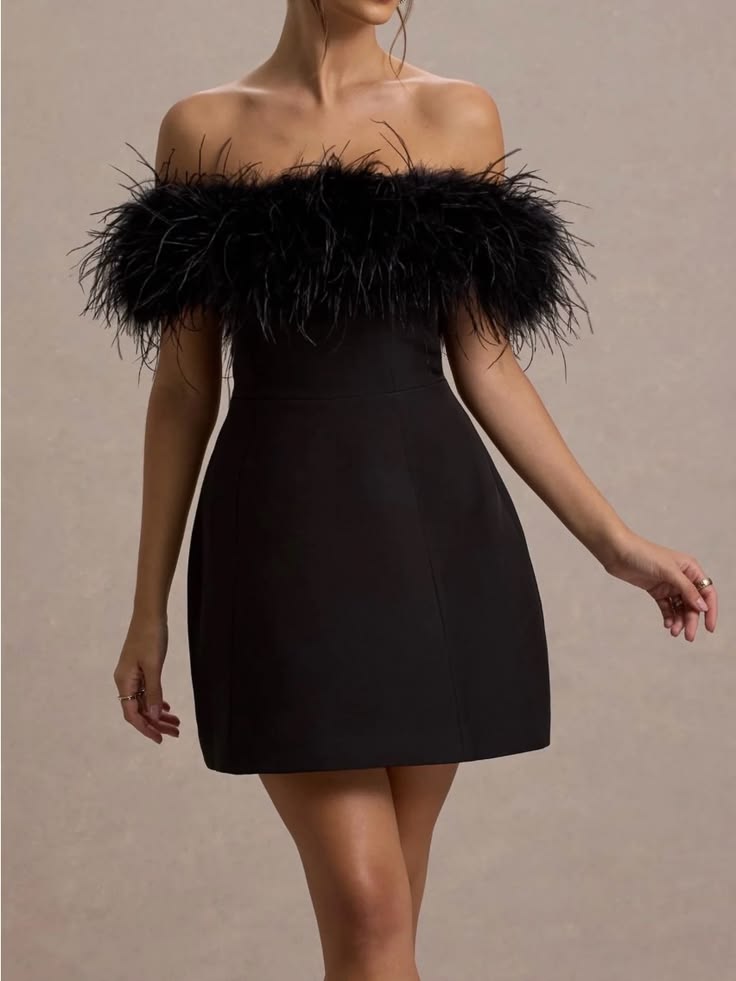 Ophelia Off-Shoulder Feather Trim Mini Dress Black 1