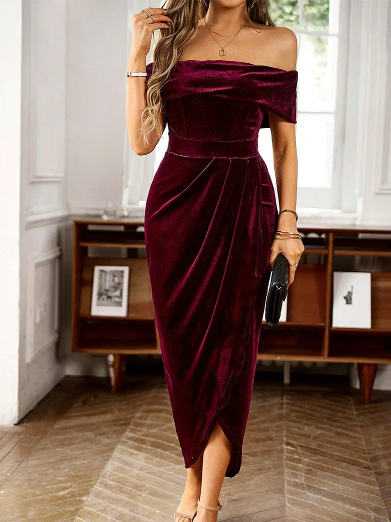 Anaïs Off-Shoulder Velvet Midi Dress Wine 6