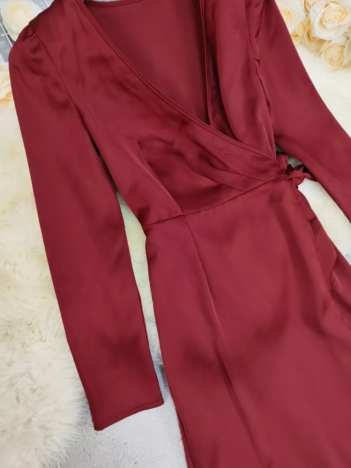 Oona Satin Long Sleeve Dress in Red Red 8