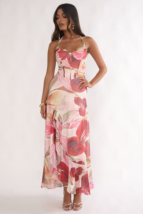 Celestine Halter Floral Maxi Dress in Red 1