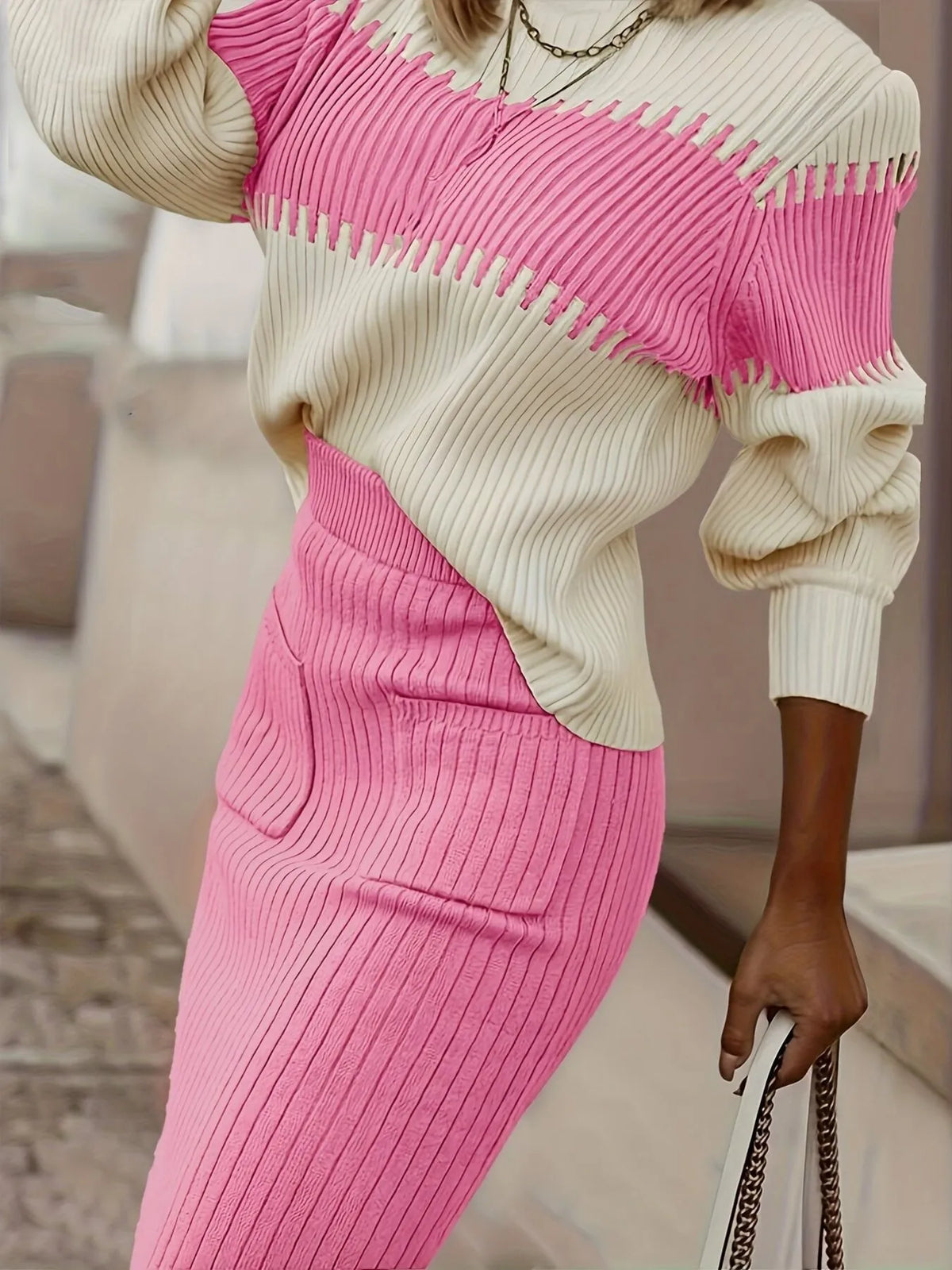 Margot Two-Tone Ribbed Knit Set Brown 6