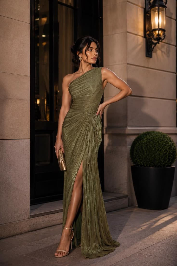 Arabella One-Shoulder Evening Gown Green 1