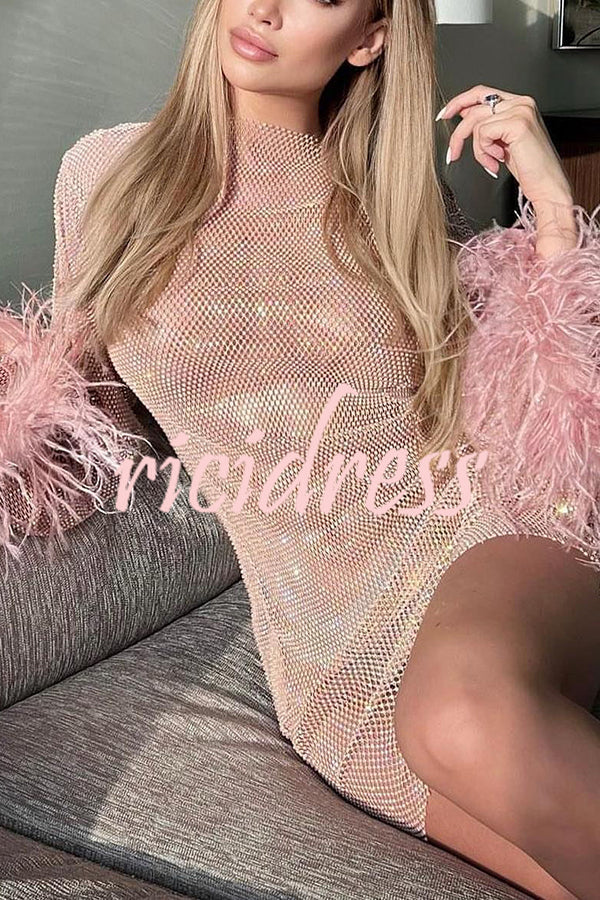 Valentina Rhinestone Mini Dress with Feather Sleeves White 10