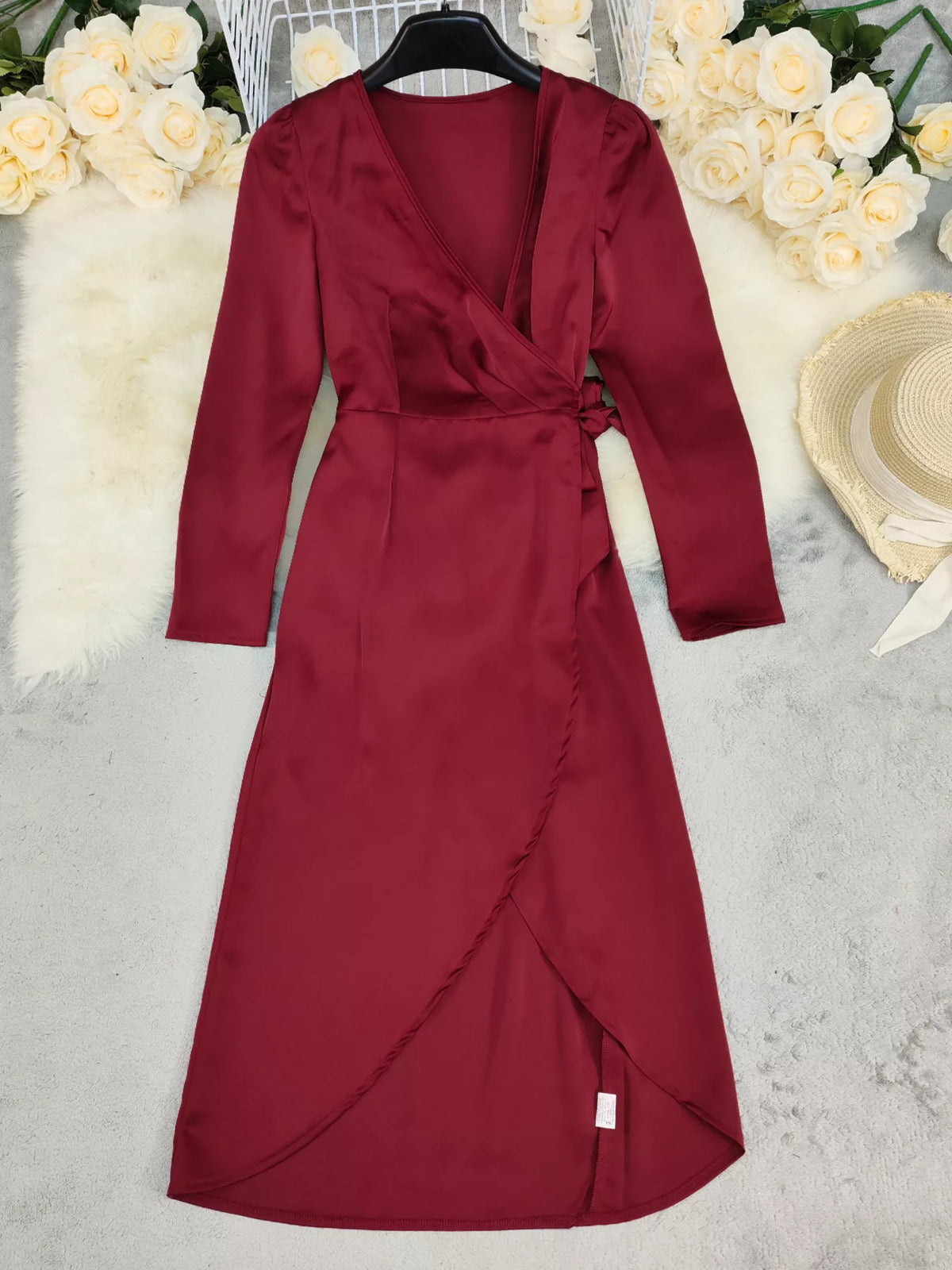 Oona Satin Long Sleeve Dress in Red Red 5