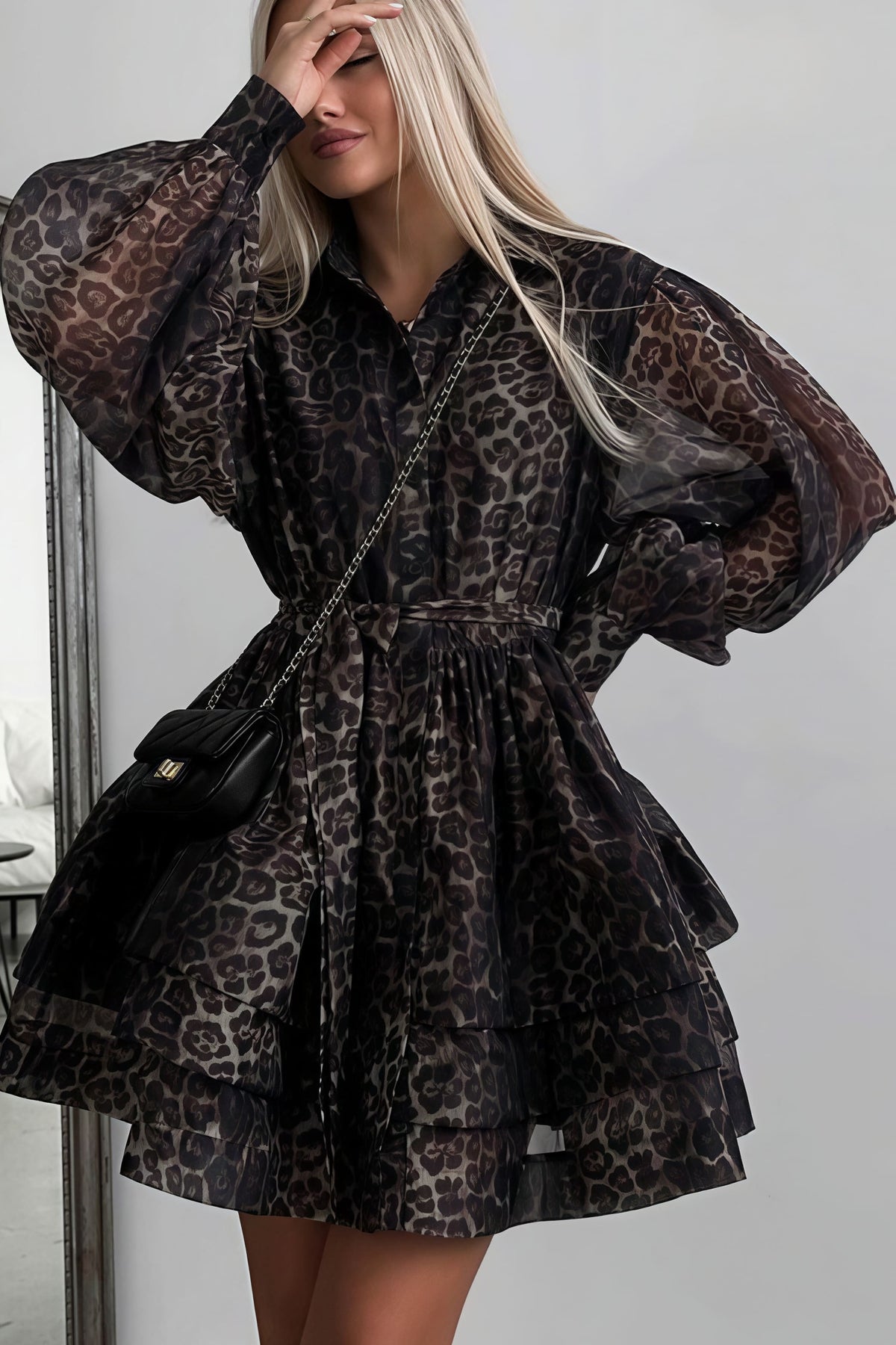 Margot Leopard Chiffon Mini Dress Black 3
