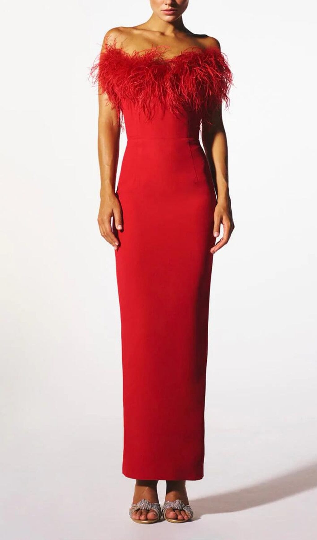 Minerva Feather Strapless Gown Red 1