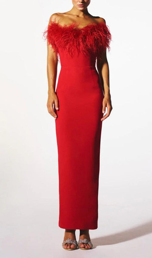 Minerva Feather Strapless Gown Red 1