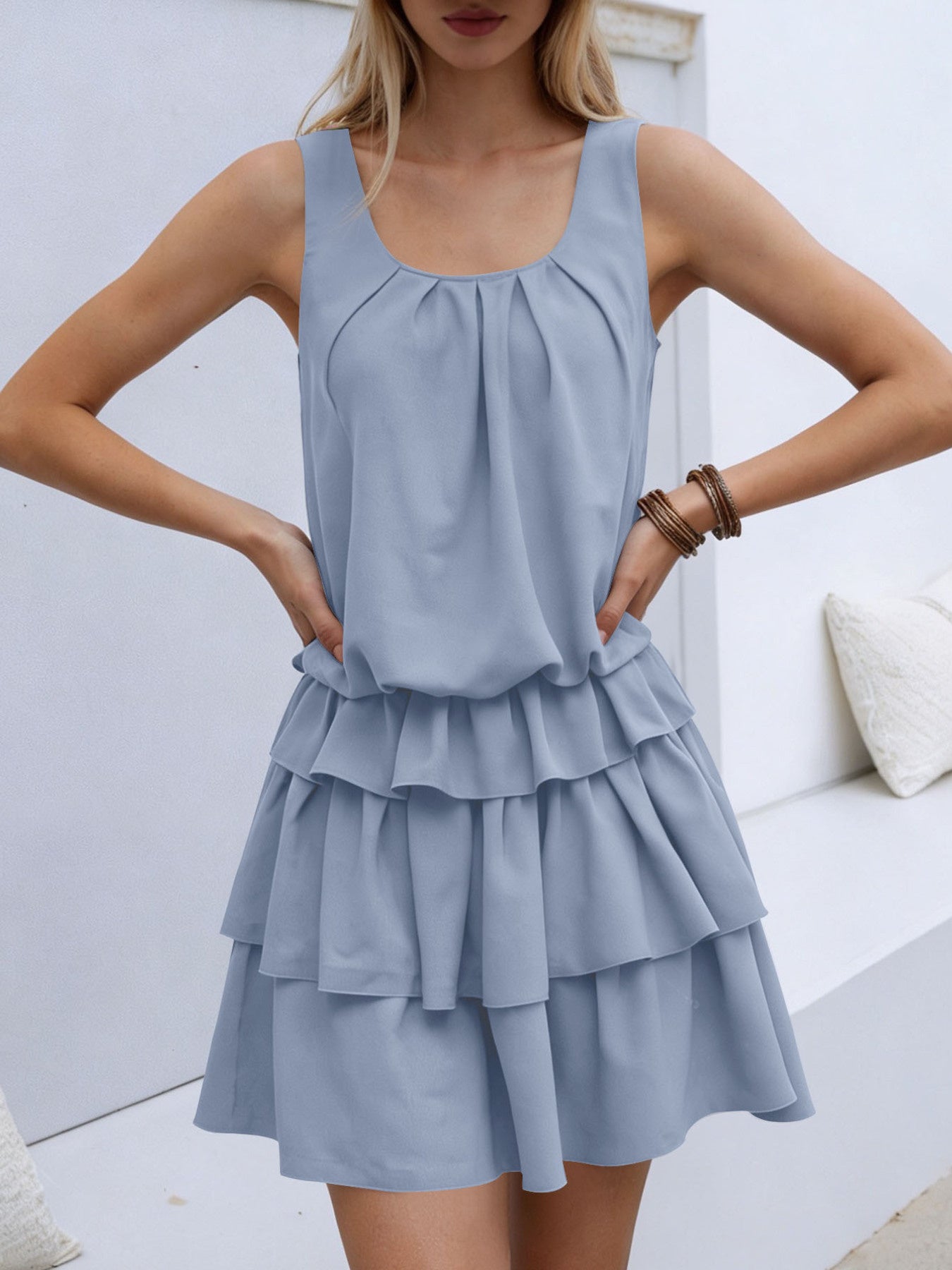 Celestine Ruffle Layered Mini Dress Khaki 2