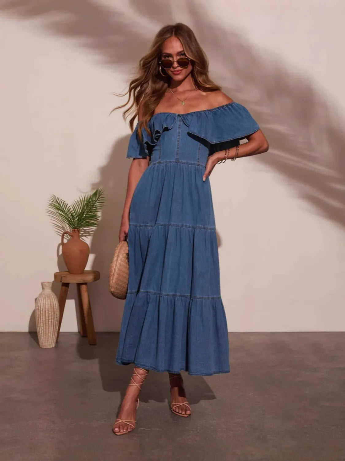 Margot Off-Shoulder Tiered Denim Dress Dark Blue 3