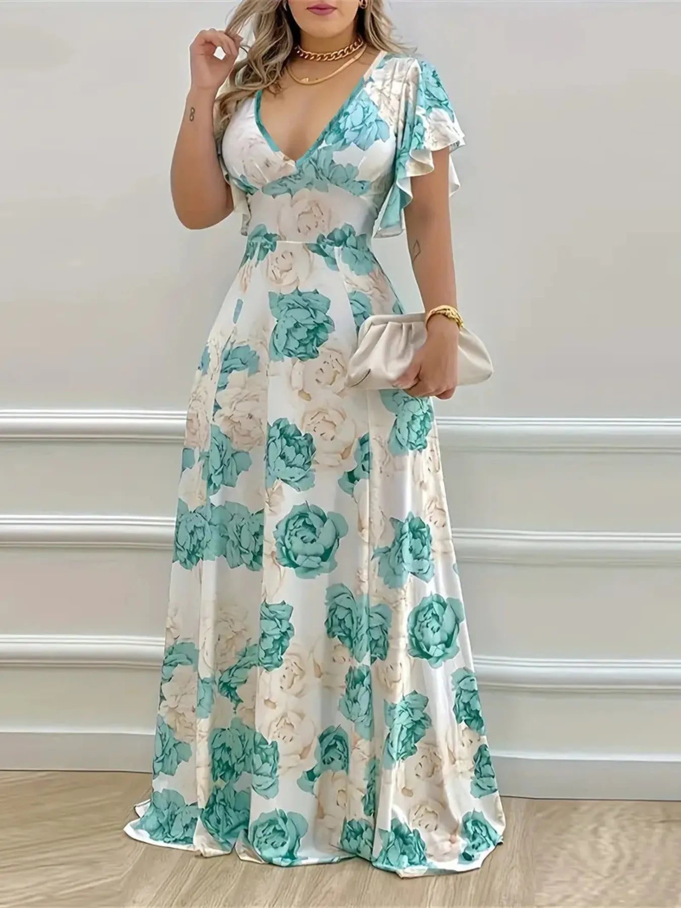Violet Floral Maxi Dress with Flutter Sleeves Neck Maxi Dress with Flutter Sleeves 1