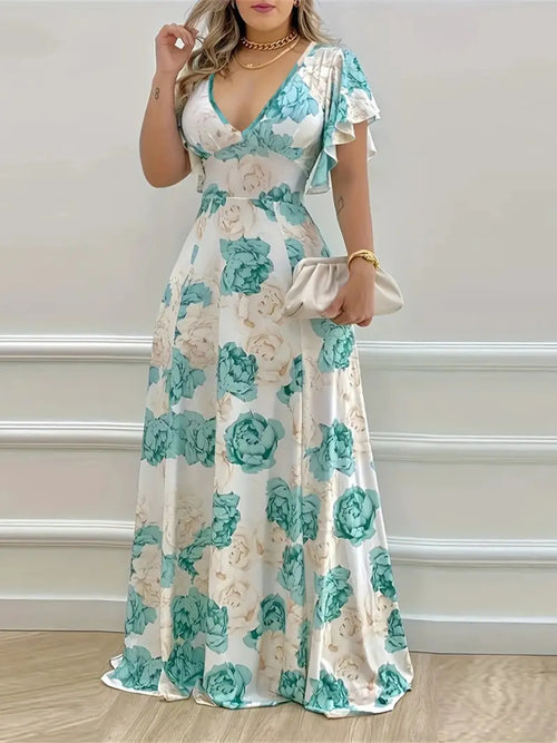 Violet Floral Maxi Dress with Flutter Sleeves Neck Maxi Dress with Flutter Sleeves 1