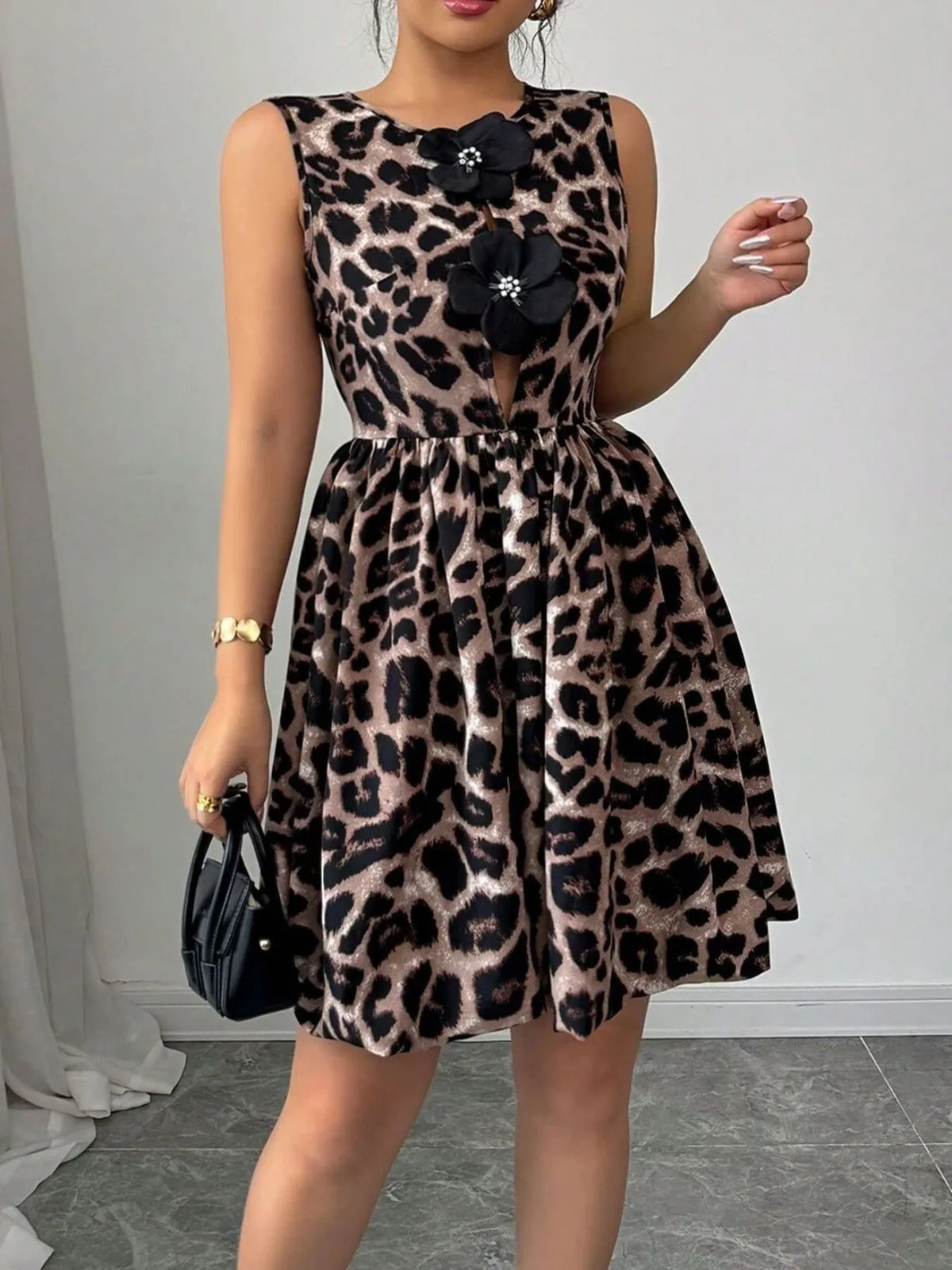 Cecilia Leopard Print Fit and Flare Mini Dress Chocolate 3