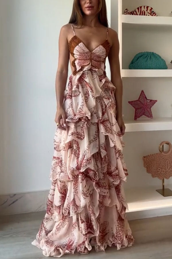 Ariae Butterfly Print Ruffle Maxi Dress up Maxi Dress 6