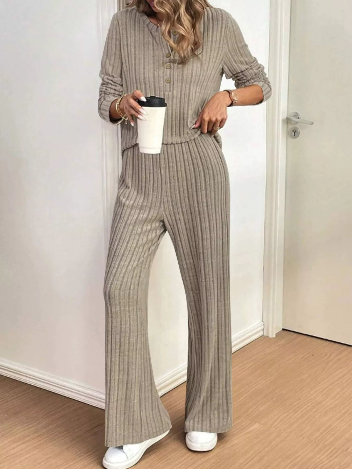 Margot Ribbed Knit Top and Pants Set Khaki 8
