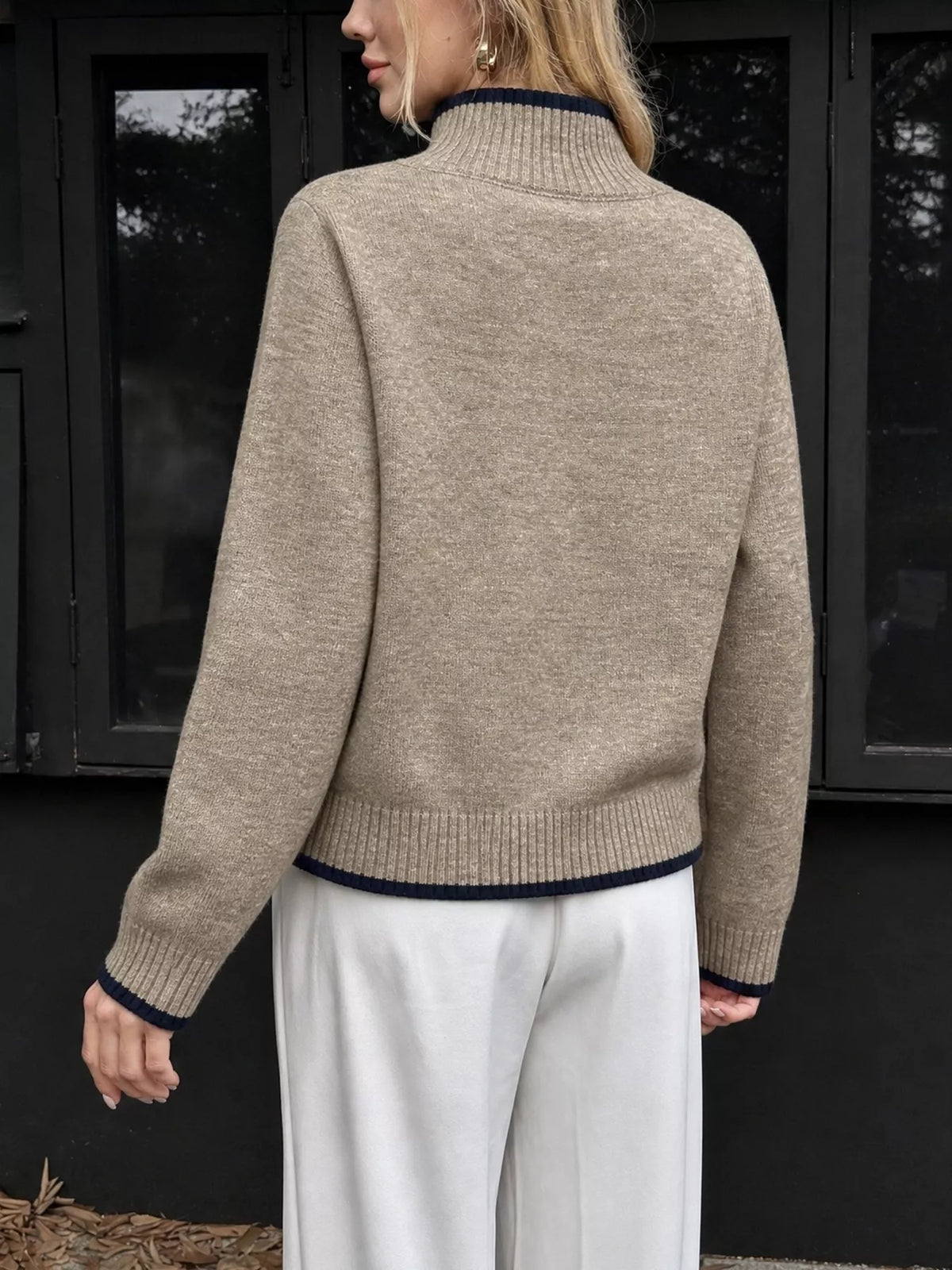 Margot Knit Sweater with Contrast Trim Khaki 6