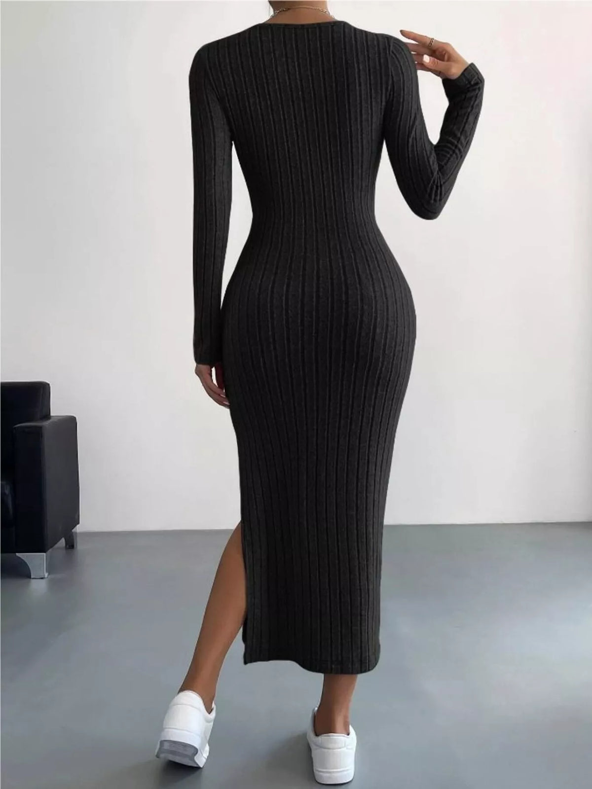 Marlowe Ribbed Knit Bodycon Midi Dress Black 3