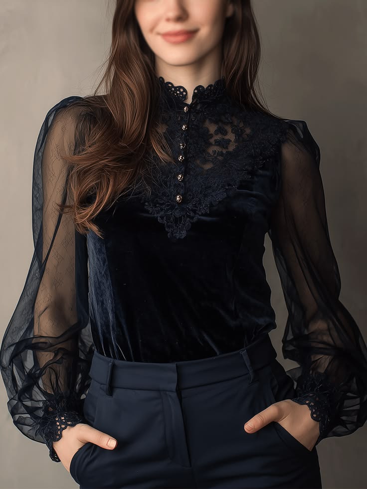 Celestine Velvet Lace Shirt Dress Navy 1