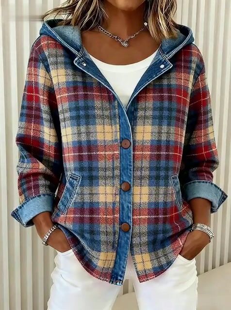 Briella Contrast Check Denim Jacket Red 6