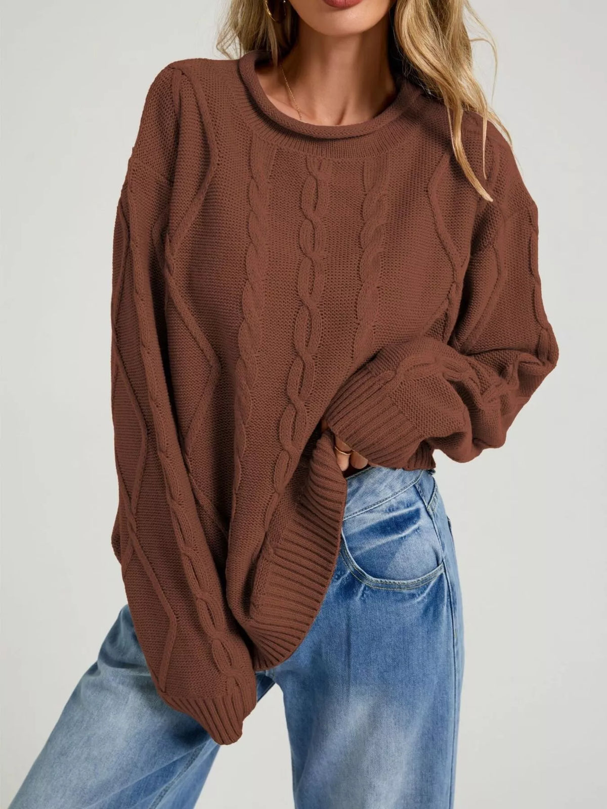 Margot Cable Knit Sweater in Brown Beige 1