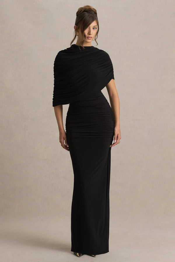 Vivienne Black Maxi Dress with Cape Sleeve