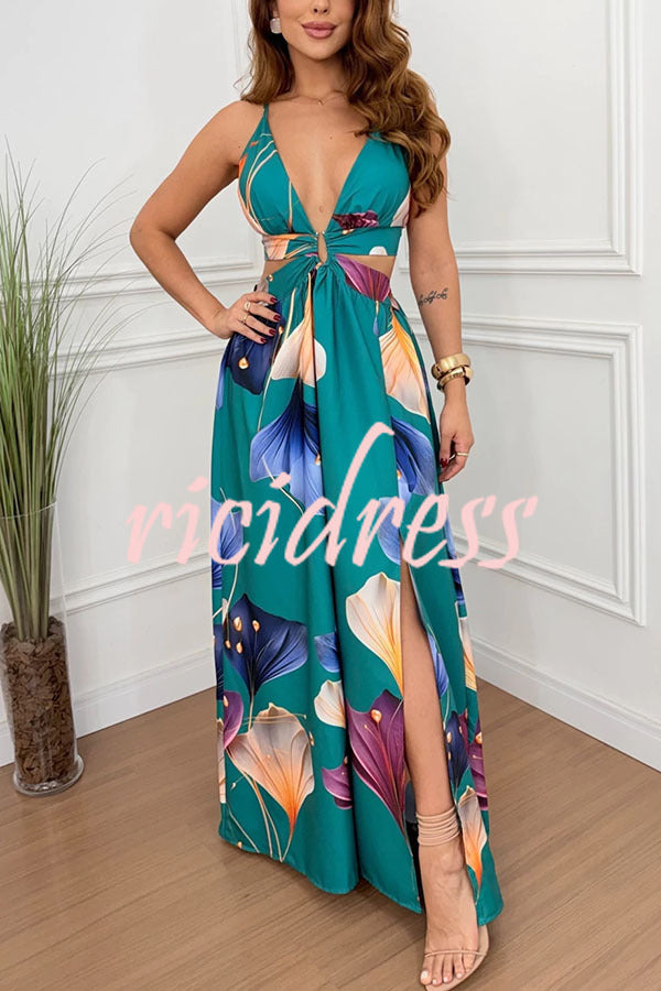 Seinah Floral Lace-Up Maxi Dress Green 1