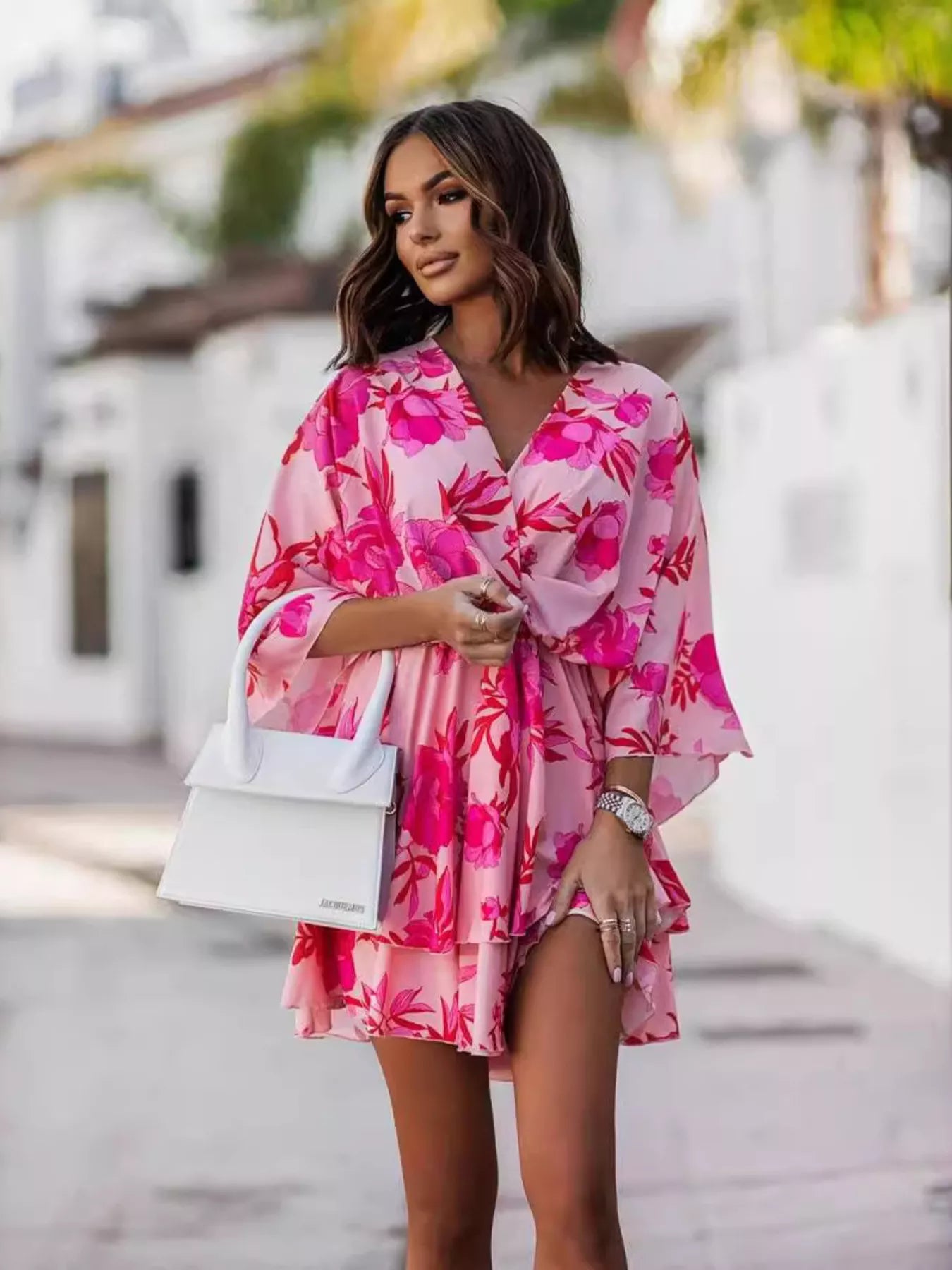 Margot Printed Surplice Mini Dress Hot Pink 4