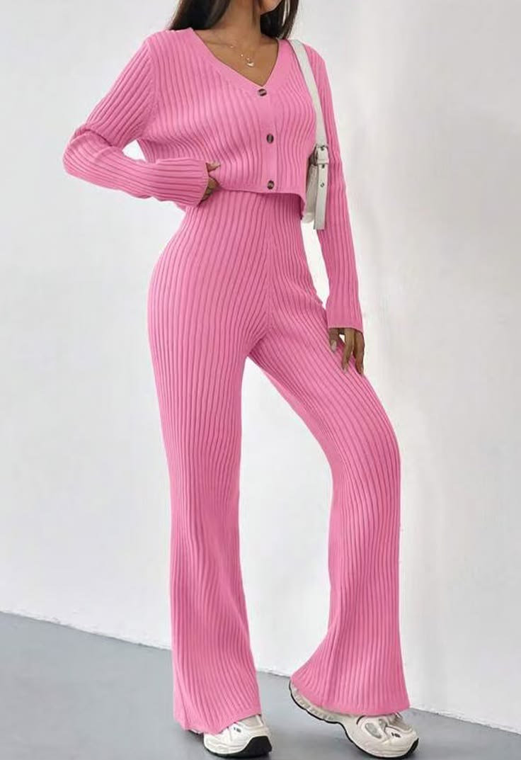Romilly Knit Crop Cardigan & Flare Pants Set Pink 1