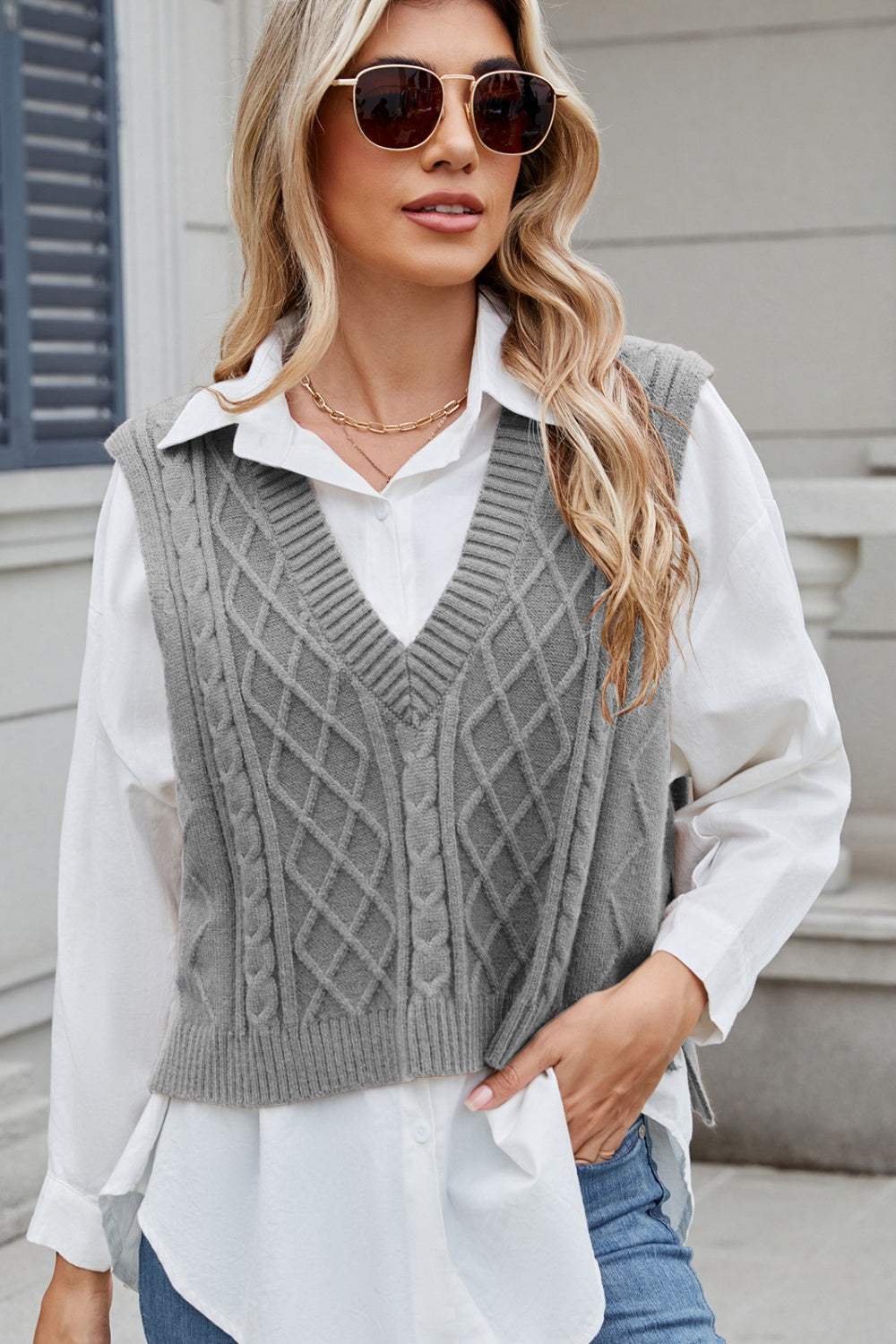 Margot Cable-Knit Sweater Vest Gray 1