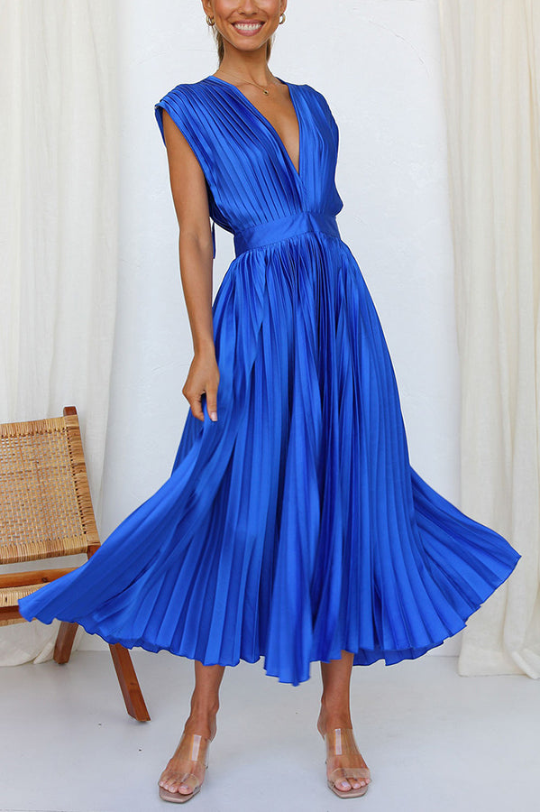 Georgina Satin Pleated Midi Dress Blue 6