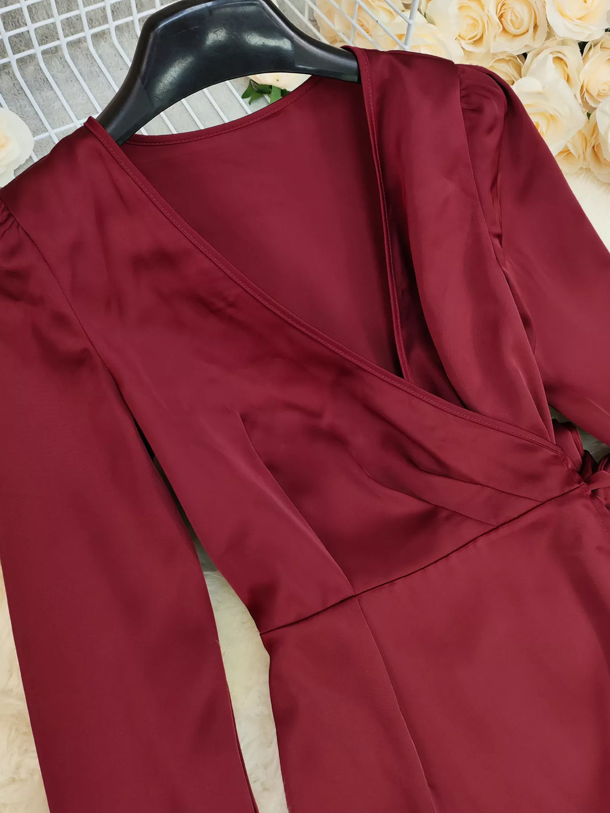 Oona Satin Long Sleeve Dress in Red Red 7