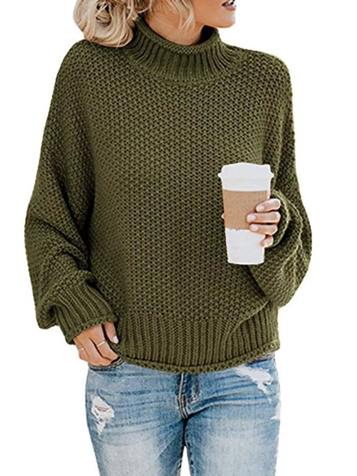 Margot Chunky Knit Turtleneck Sweater Army Green 10