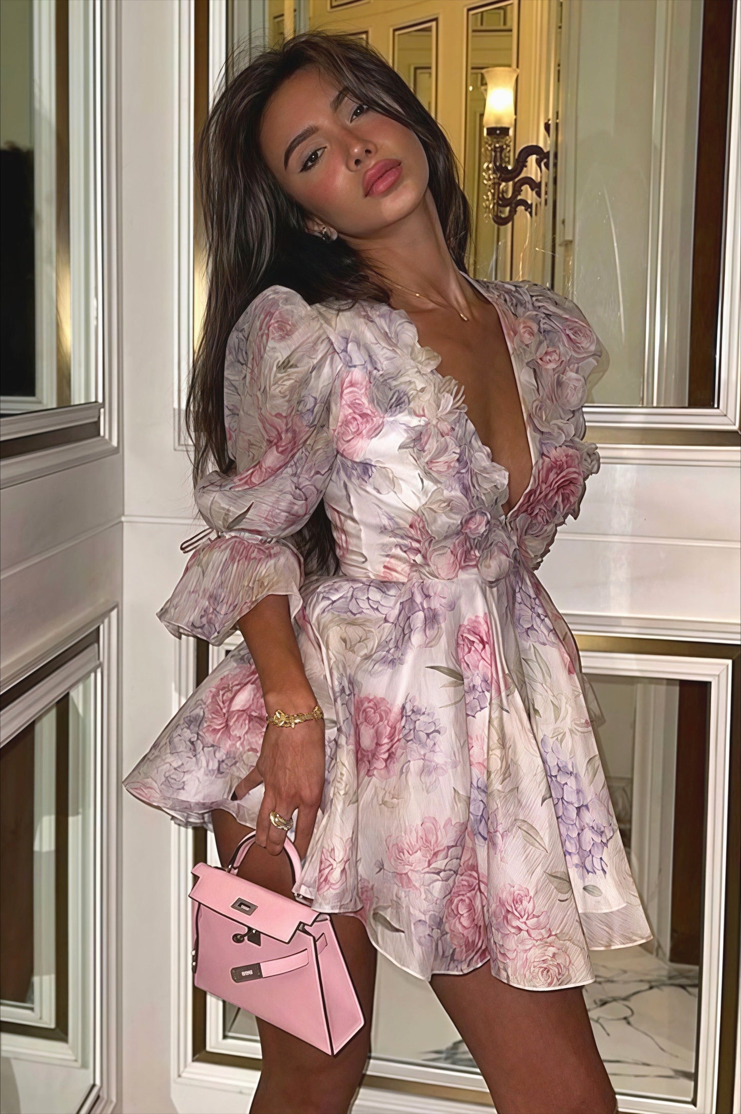 Arabella Floral Chiffon Mini Dress Pink 2