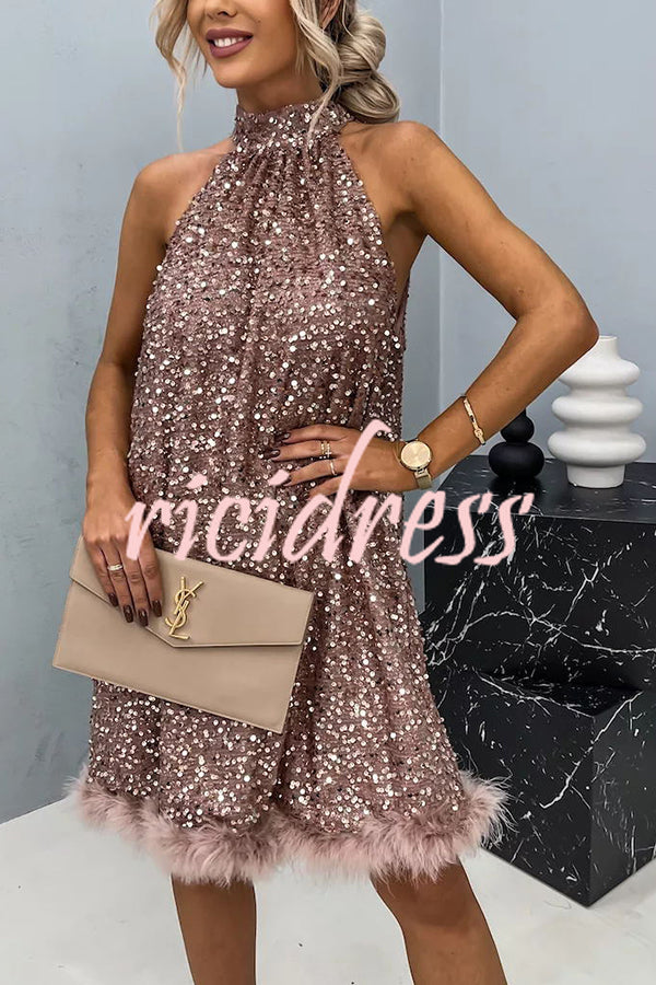 Ophelia Sequin Halter Babydoll Mini Dress Rose Gold 1
