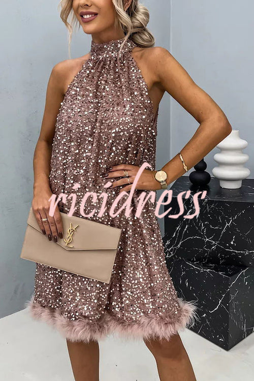 Ophelia Sequin Halter Babydoll Mini Dress Rose Gold 1