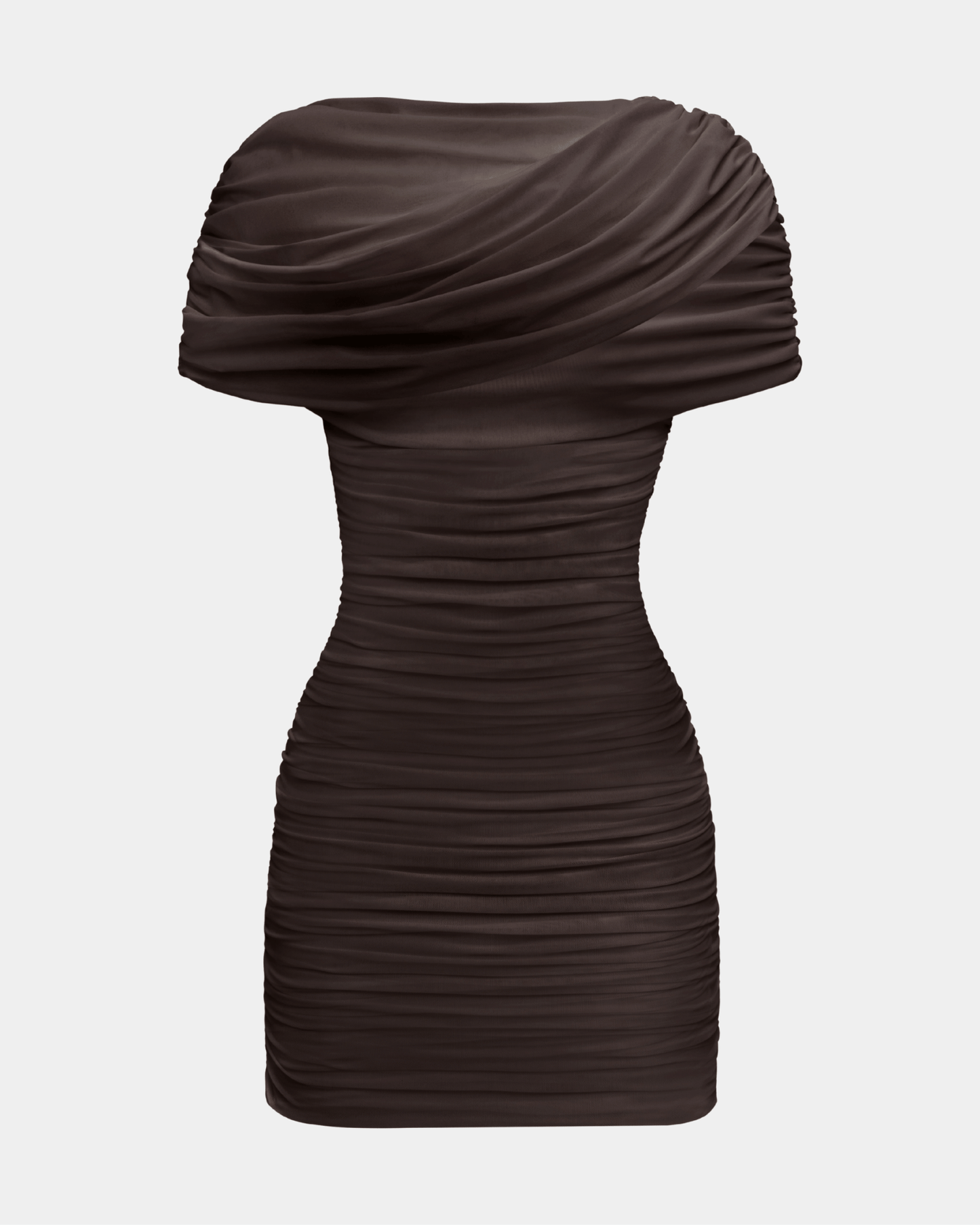 Evangeline Draped Shoulder Mini Dress Chocolate Brown 1