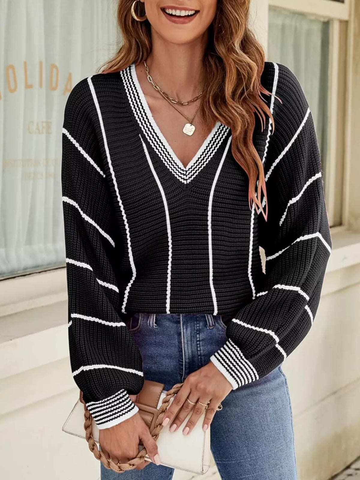 Margot Striped Contrast Sweater Wine Red 6