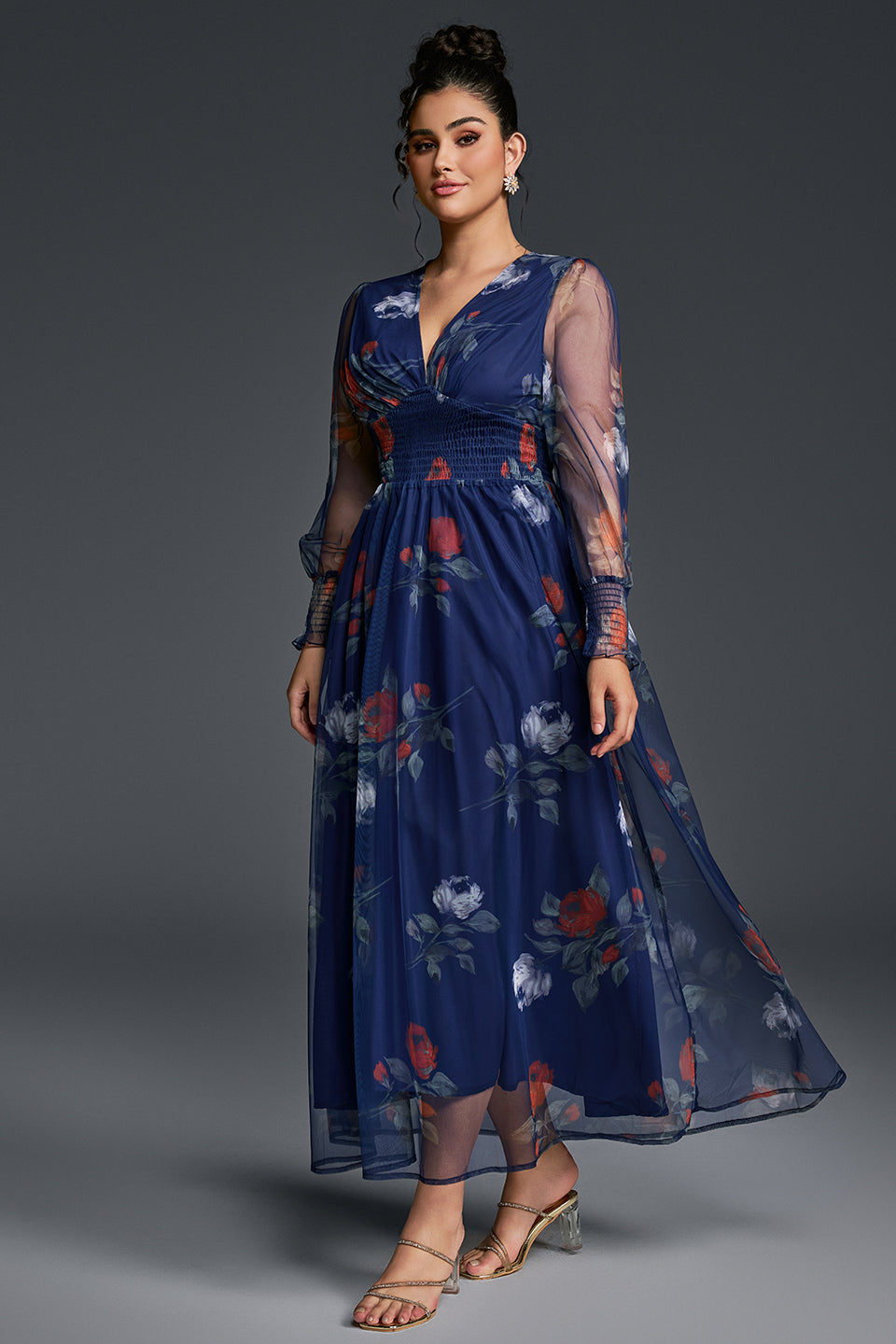 Isabelle Floral Pleated Maxi Dress Neck Floral Mesh Maxi Dress 6