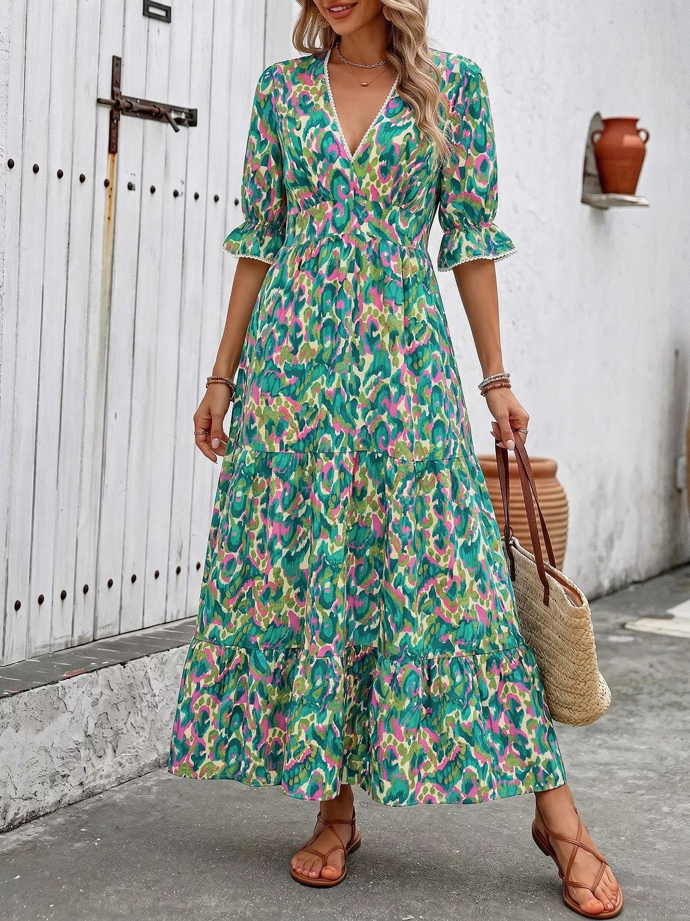 Margot Printed Tiered Dress Neck Flounce Sleeve Dress 4