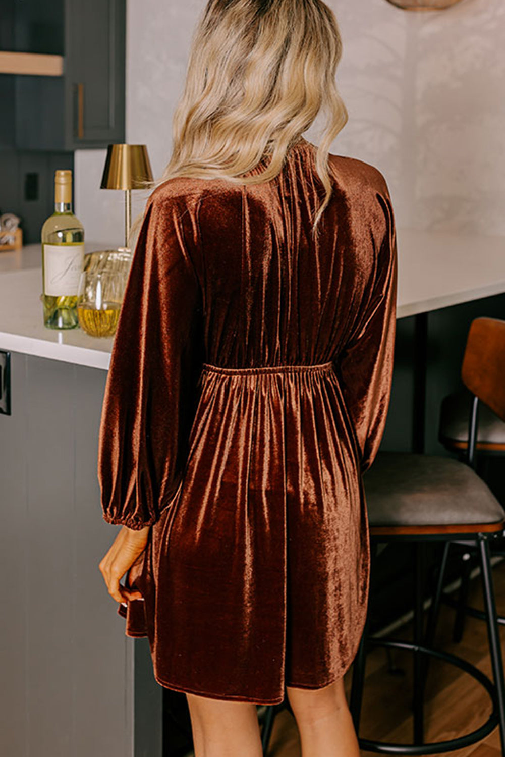 Rosalie Velvet Puff-Sleeve Dress Clay 2