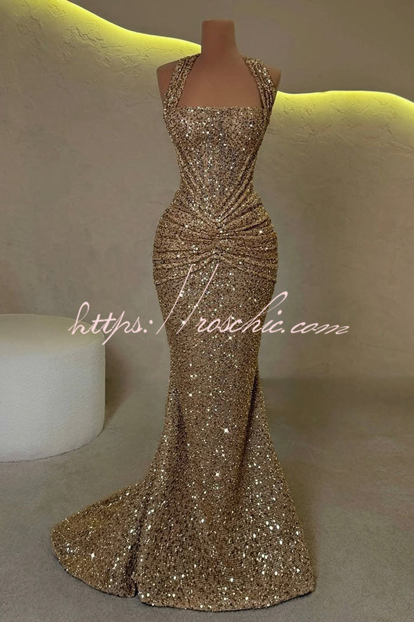 Velda Sequin Halter Maxi Dress up Drape Flare Maxi Dress 9