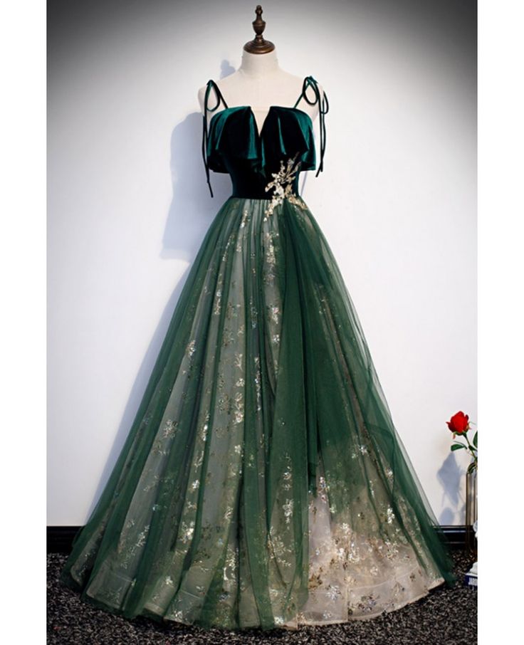 Evangeline Sequin Tulle Long Dress Green 1