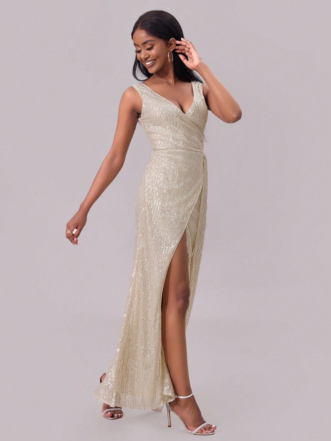 Isabelle Sequin Surplice Maxi Dress Champagne Color 5