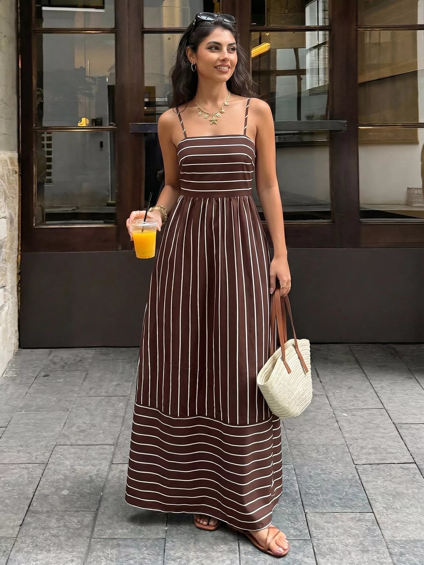 Celeste Striped Linen Maxi Dress Apricot 10